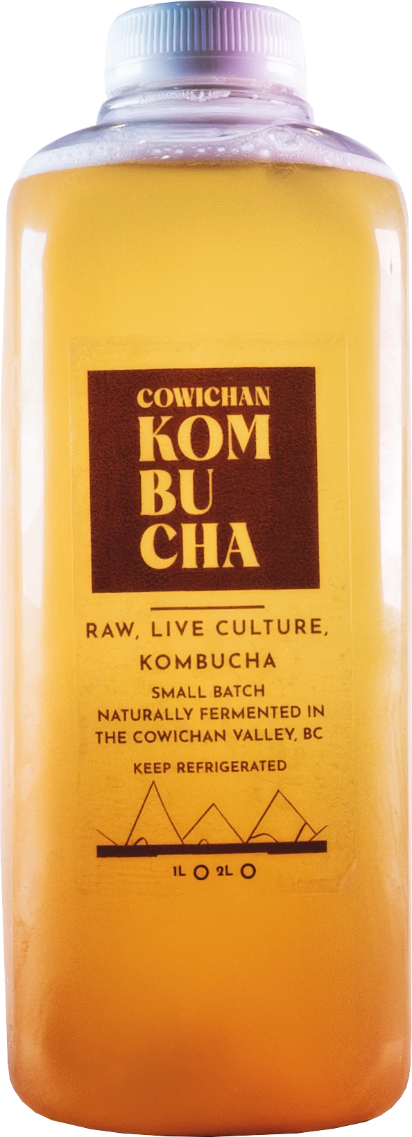 Kombucha bottle with 'Cowichan Kombucha' branding on a white background